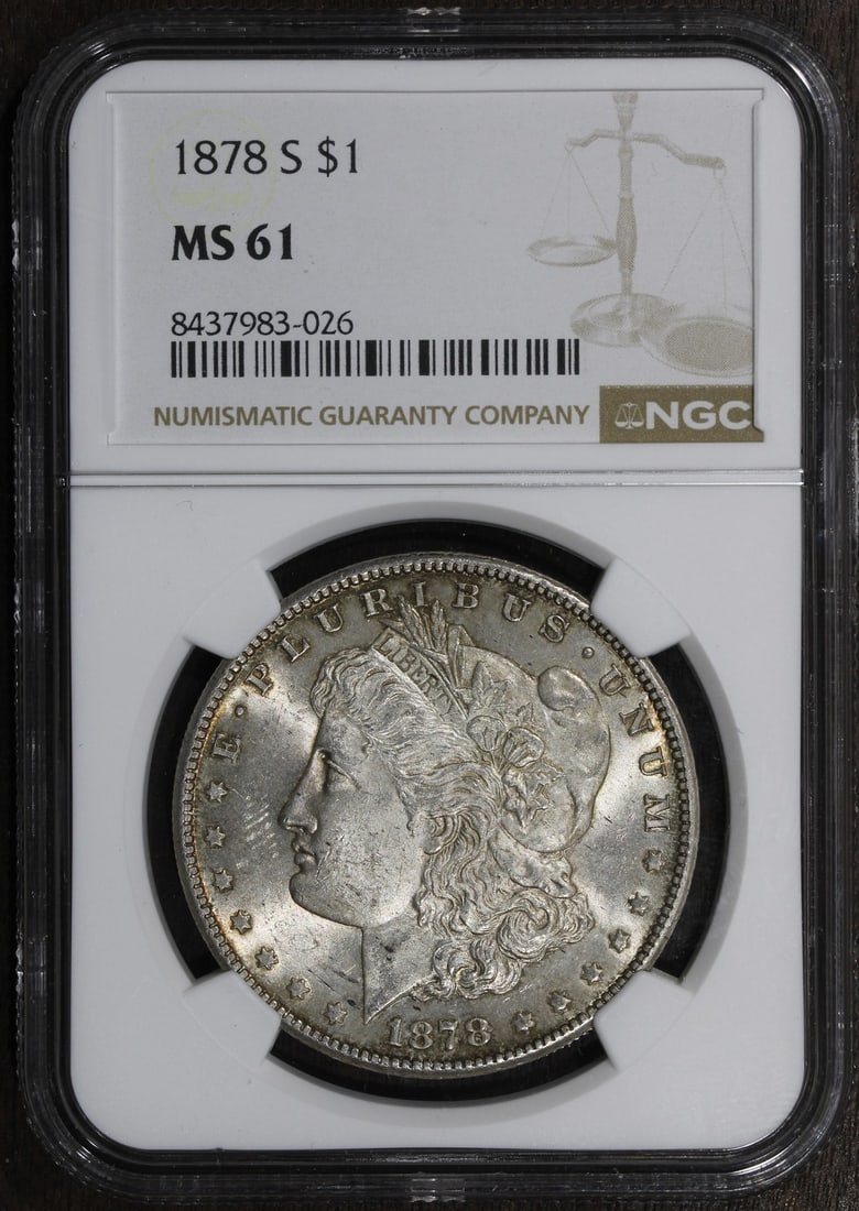 NGC Certified 1878-S Morgan Dollar MS61 Silver: NGC Certified 1878-S Morgan Dollar MS61 Silver This 1878-S Morgan Silver Dollar is graded MS61 by NGC and features attractive toning. Struck in San Francisco, this uncirculated coin is composed of 90%
