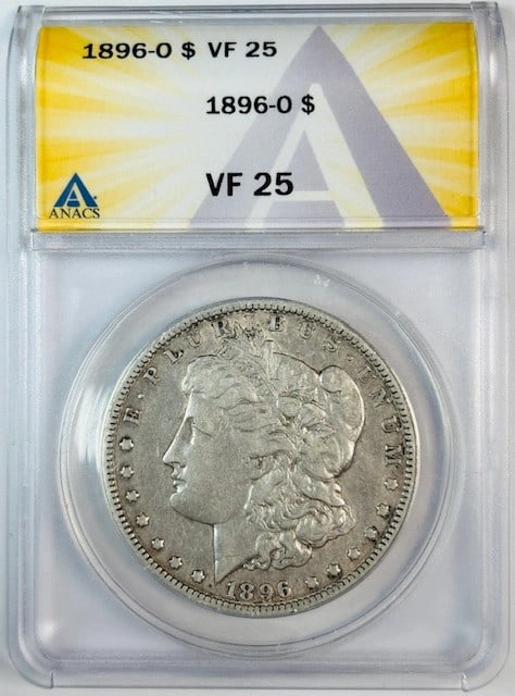 Silver Dollar 1896 New Orleans ANACS Graded VF 25: Silver Dollar 1896 New Orleans ANACS Graded VF 25 This is an 1896 Morgan Silver Dollar minted in New Orleans. Certified by ANACS with a grade of VF-25, this circulated coin is composed of silver and h