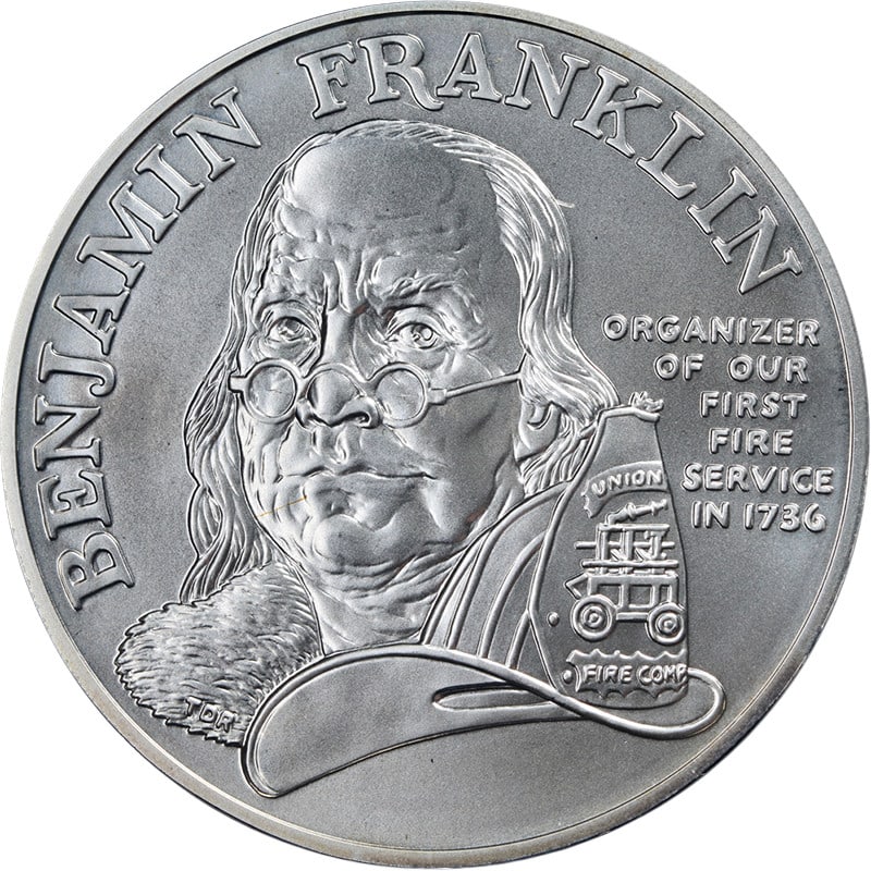 1993 One Ounce Silver Ben Franklin Firefighter Medal Uncirculated in Capsule (1 of 2)