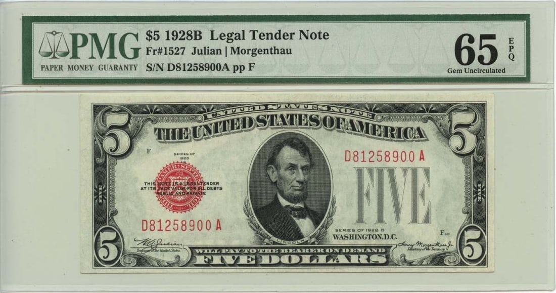 1928B $5 Legal Tender Note Fr# 1527 PMG MS65 Uncirculated: 1928B $5 Legal Tender Note Fr# 1527 PMG MS65 Uncirculated This 1928B $5 Legal Tender Note (Fr# 1527) is certified by PMG with a grade of Gem65 EPQ, indicating its exceptional quality. This uncirculate