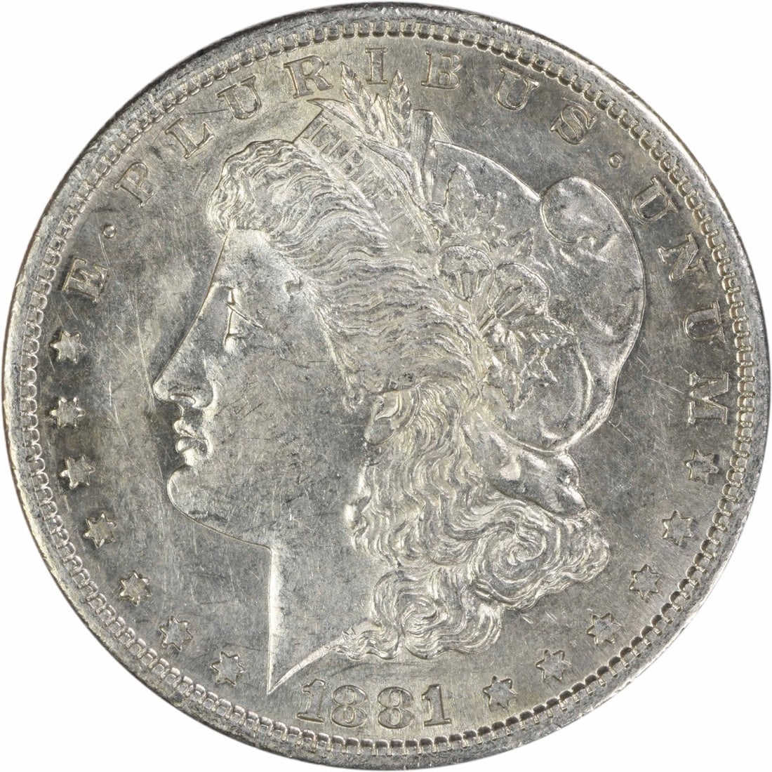 1881 San Francisco Morgan Dollar AU Uncertified Silver Coin: 1881 San Francisco Morgan Dollar AU Uncertified Silver Coin This is an 1881-S Morgan Silver Dollar from the United States, designed by George T. Morgan. The coin is composed of 90% silver and 10% copp