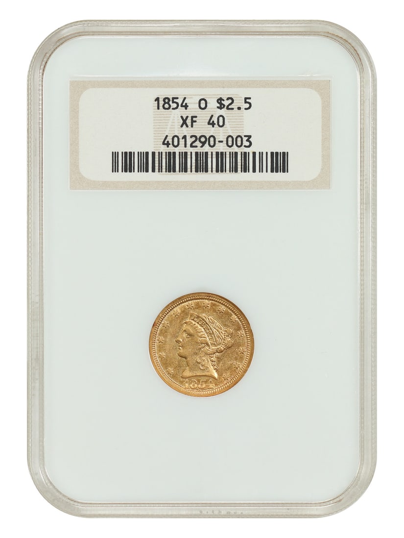 1854 New Orleans Mint $2.50 Gold Coin NGC XF40 Liberty Head: 1854 New Orleans Mint $2.50 Gold Coin NGC XF40 Liberty Head This 1854-O Liberty Head $2.5 gold coin was minted in New Orleans and is graded XF40 by NGC, indicating it is in extra fine condition. With 