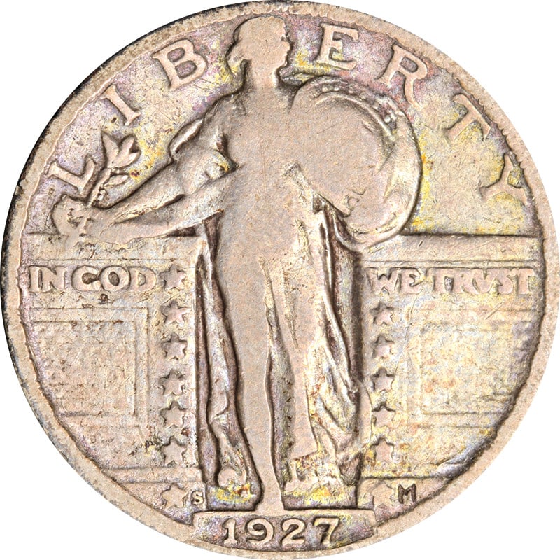 1927 San Francisco Silver Standing Liberty Quarter Dollar Coin: 1927 San Francisco Silver Standing Liberty Quarter Dollar Coin This is a 1927-S Standing Liberty Quarter from the San Francisco Mint. The coin is composed of silver and is in circulated, pre-owned con