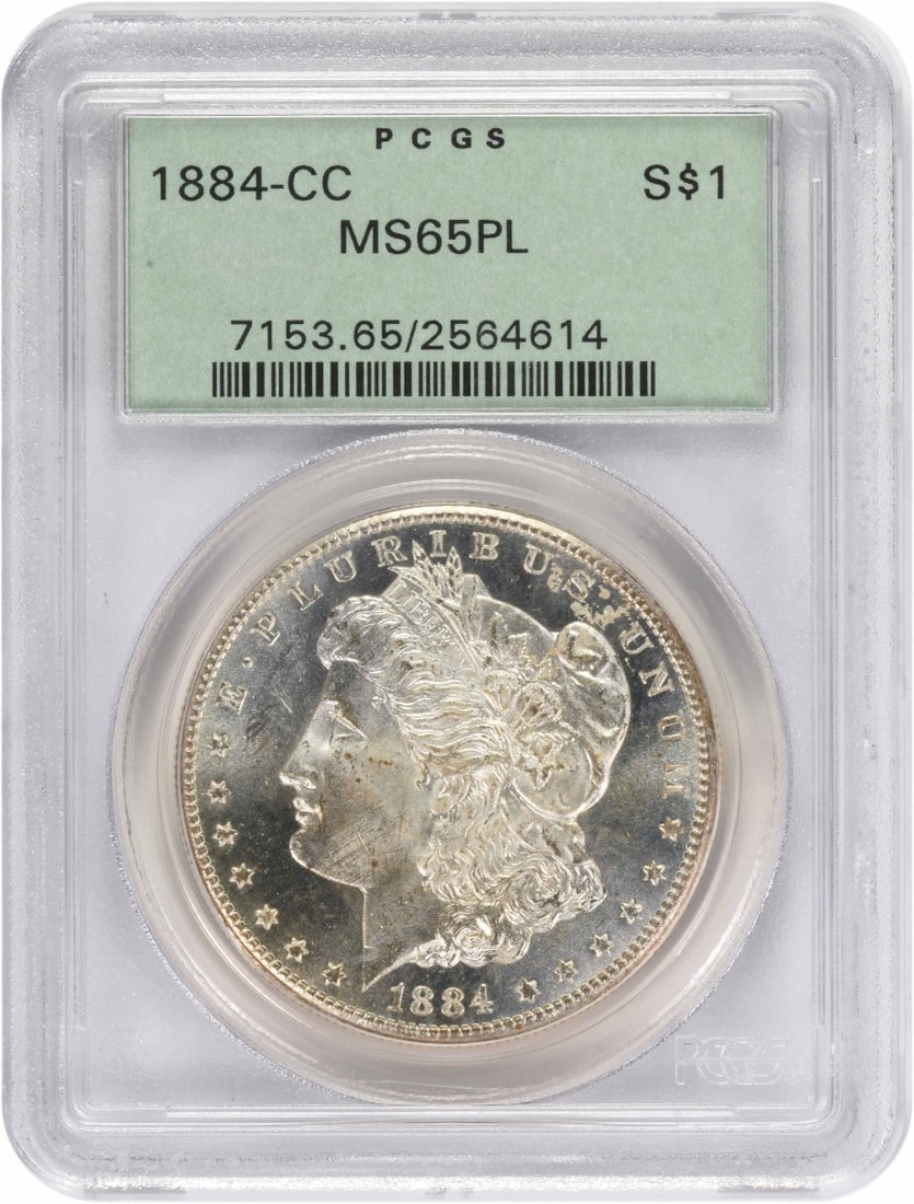 PCGS MS65PL 1884 Carson City Morgan Silver Dollar: PCGS MS65PL 1884 Carson City Morgan Silver Dollar This 1884-CC Morgan Silver Dollar is graded MS65PL by PCGS, indicating a high-quality, uncirculated coin with a proof-like finish. Minted in Carson Ci