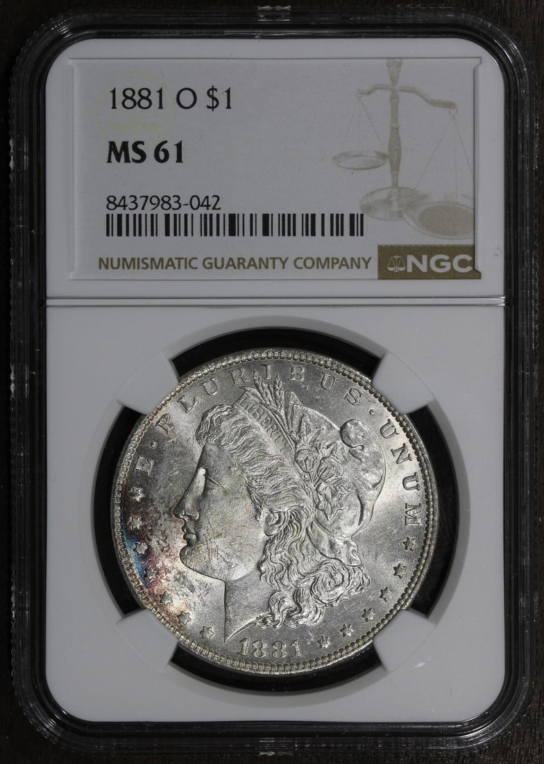 NGC MS61 1881-O Morgan Silver Dollar New Orleans Mint: NGC MS61 1881-O Morgan Silver Dollar New Orleans Mint This 1881-O Morgan Silver Dollar is an uncirculated coin graded MS61 by NGC. Minted in New Orleans, it features a composition of 90% silver and ca