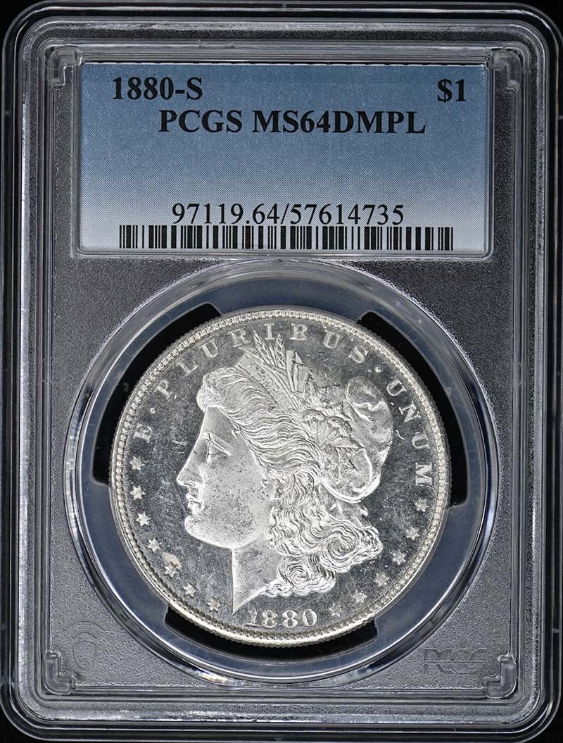 PCGS MS64DMPL 1880-S Morgan Silver Dollar: PCGS MS64DMPL 1880-S Morgan Silver Dollar This 1880 Morgan Dollar was minted in San Francisco and is graded MS64DMPL by PCGS. The coin is uncirculated and features the Deep Mirror Prooflike (DMPL) des