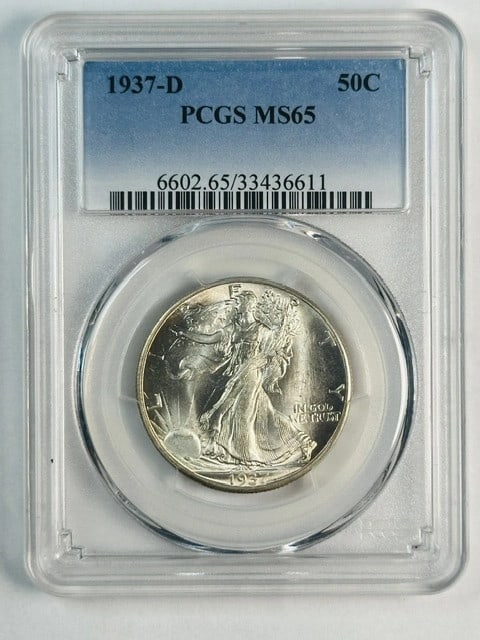 1937-D PCGS MS65 Walking Liberty Half Dollar: 1937-D PCGS MS65 Walking Liberty Half Dollar This 1937 D Walking Liberty Half Dollar is graded MS-65 by PCGS, indicating a high-quality, uncirculated coin. Struck in silver at the Denver Mint, this co