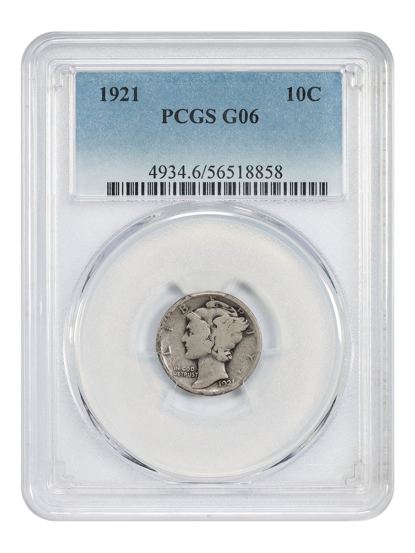 1921 PCGS Good 06 Mercury Dime Key Date 10C: 1921 PCGS Good 06 Mercury Dime Key Date 10C This 1921 Mercury Dime is a key date coin graded Good 06 by PCGS. It is a circulated example from the Philadelphia Mint, making it a sought-after addition f