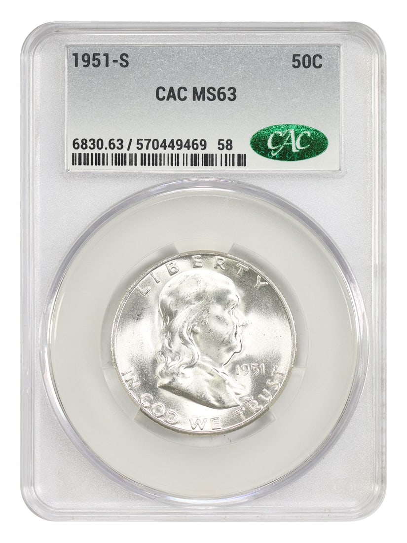 1951-S Franklin Half Dollar CACG MS63 San Francisco Mint: 1951-S Franklin Half Dollar CACG MS63 San Francisco Mint This 1951-S Franklin Half Dollar is certified by CACG with a grade of MS63. Minted in San Francisco, this uncirculated coin represents the Fran