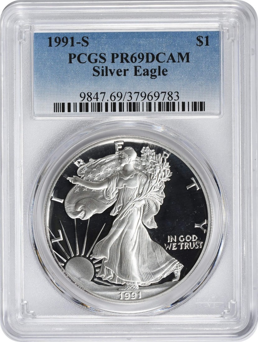 1991-S American Silver Eagle Dollar PR69 Deep Cameo PCGS Certified: 1991-S American Silver Eagle Dollar PR69 Deep Cameo PCGS Certified This stunning 1991-S American Silver Eagle Dollar is graded PR69DCAM by PCGS, showcasing exceptional quality with a Deep Cameo finish