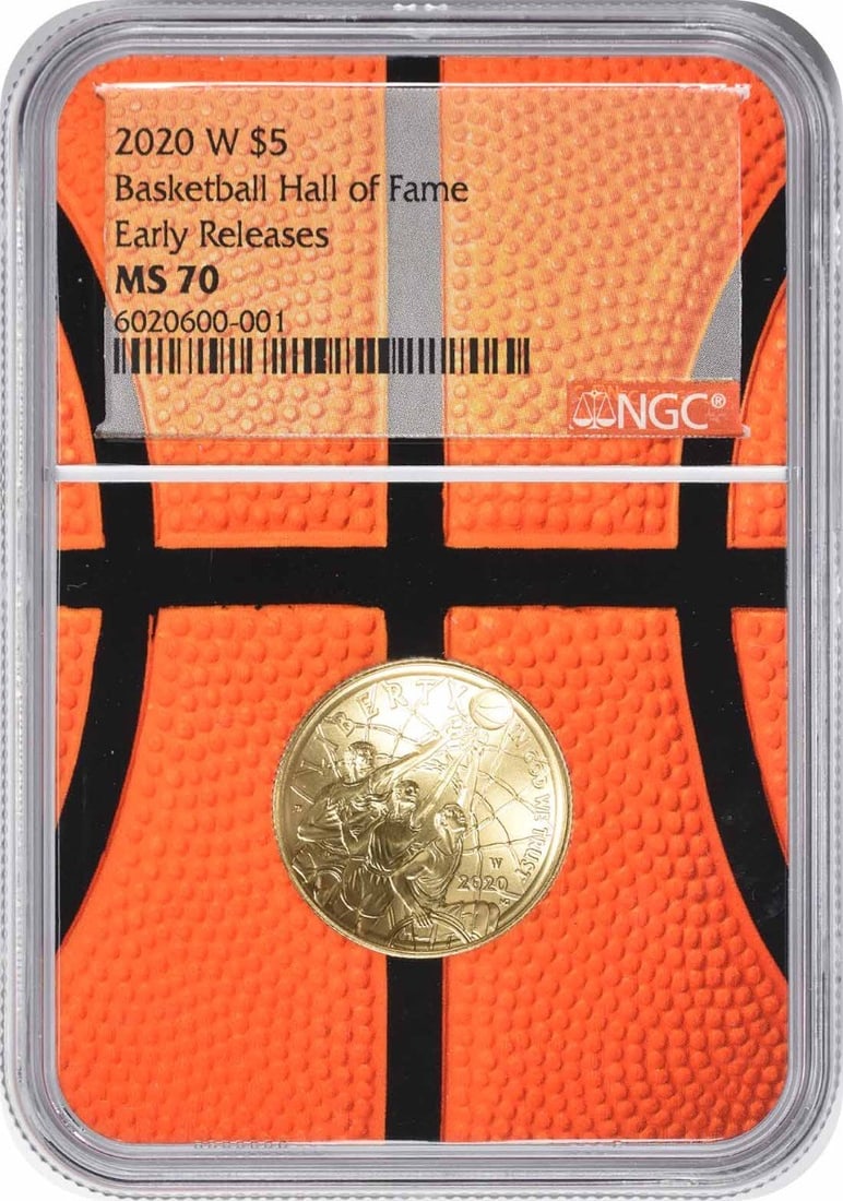 NGC MS70 Early Releases 2020-W Five Dollar Basketball Hall of Fame Gold Coin: NGC MS70 Early Releases 2020-W Five Dollar Basketball Hall of Fame Gold Coin This 2020-W Basketball Hall of Fame Commemorative $5 coin is struck in gold and graded MS70 by NGC with the Early Releases 