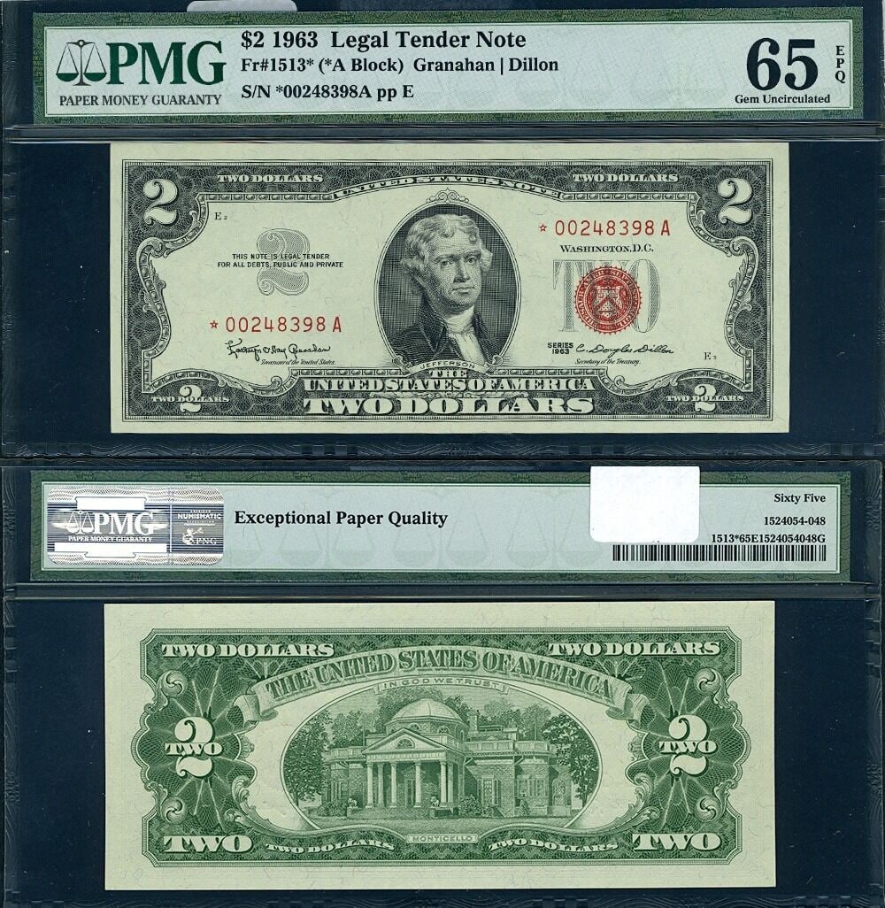 PMG Gem CU65 EPQ 1963 $2 Legal Tender Star Note (1 of 3)