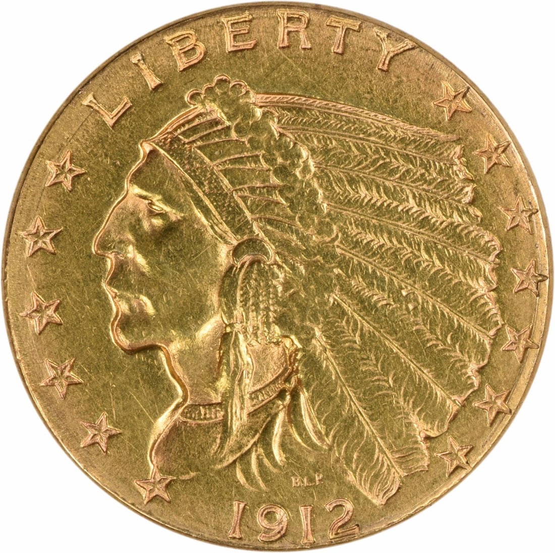 1912 Indian Head $2.50 Gold Quarter Eagle AU Grade Uncertified Coin: 1912 Indian Head $2.50 Gold Quarter Eagle AU Grade Uncertified Coin This is a 1912 $2.50 Gold Indian coin from the United States, designed by Bela Lyon Pratt. The coin has an About Uncirculated (AU) g