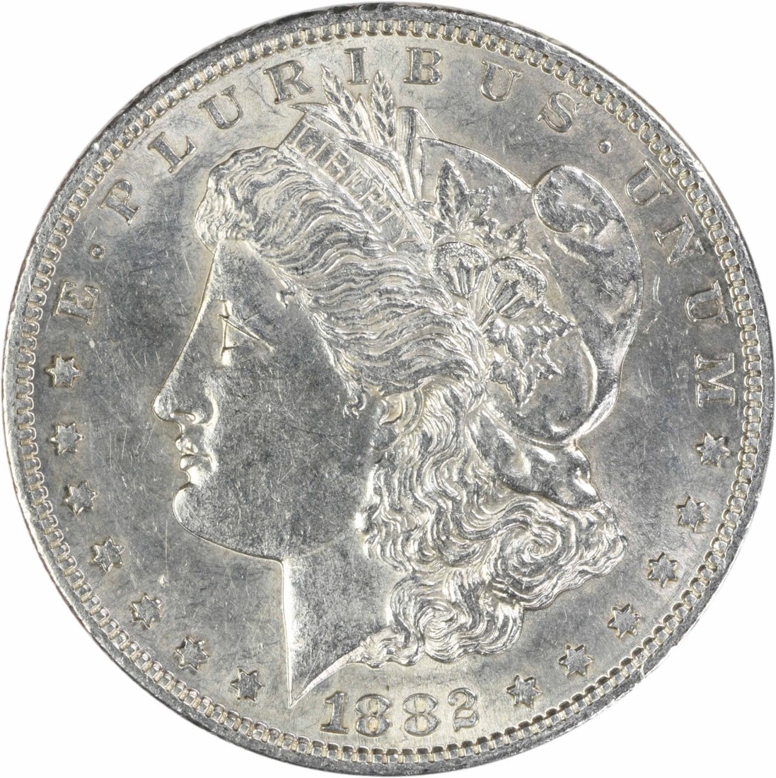 1882 S San Francisco Morgan Dollar AU Uncertified: 1882 S San Francisco Morgan Dollar AU Uncertified This 1882-S Morgan Silver Dollar is an attractive collectible coin from the San Francisco Mint. Composed of 90% silver and 10% copper, it features the