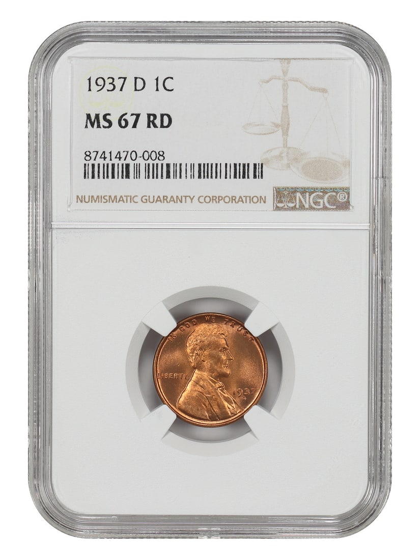 1937 Denver Lincoln Wheat Cent NGC MS67 Red Uncirculated: 1937 Denver Lincoln Wheat Cent NGC MS67 Red Uncirculated This is a 1937-D Lincoln Cent (Wheat Reverse) graded MS67RD by NGC. The coin features outstanding color and luster with relatively clear