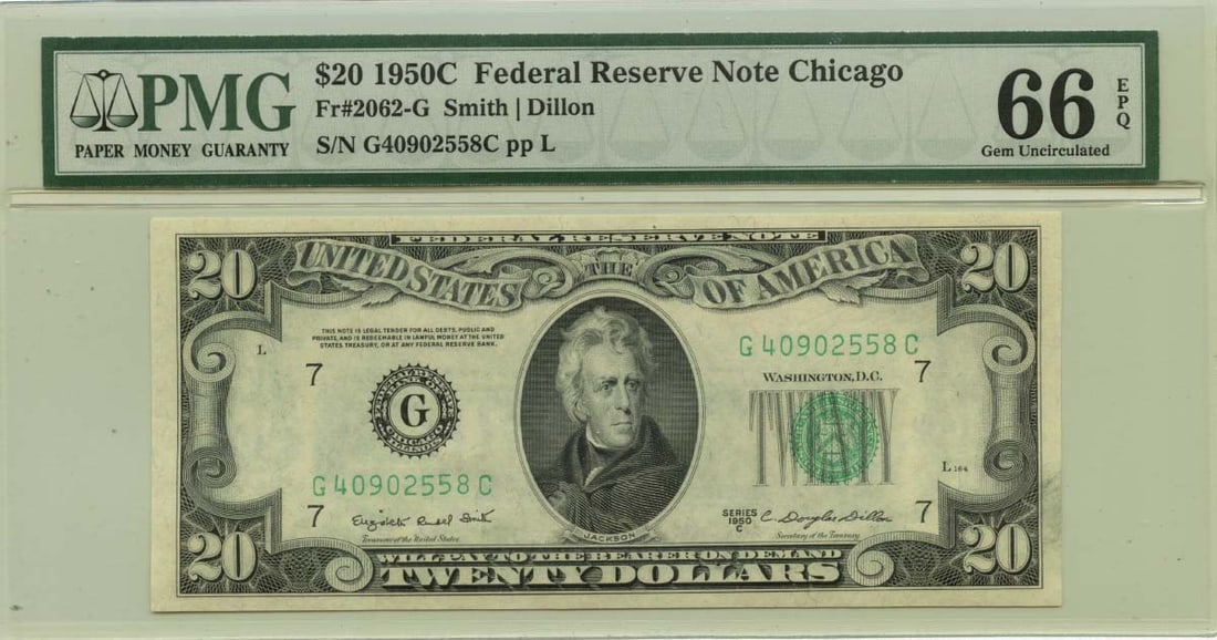 1950 $20 Chicago Federal Reserve Note Fr# 2062-G PMG Gem 66 EPQ: 1950 $20 Chicago Federal Reserve Note Fr# 2062-G PMG Gem 66 EPQ This stunning 1950 $20 Federal Reserve Note from the Chicago branch (Fr# 2062-G) is graded as PMG Gem 66 EPQ, ensuring its exceptional q