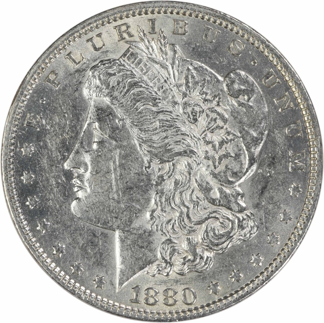 1880 Philadelphia Morgan Dollar 90 Silver AU Uncertified: 1880 Philadelphia Morgan Dollar 90 Silver AU Uncertified This 1880 Morgan Silver Dollar is an attractive example from the Philadelphia Mint, composed of 90% silver and 10% copper. Designed by George T