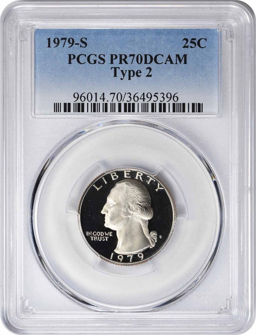 1979-S Washington Quarter Type 2 PR70DCAM PCGS Uncirculated: 1979-S Washington Quarter Type 2 PR70DCAM PCGS Uncirculated This 1979-S Washington Quarter, graded PR70DCAM by PCGS, is a remarkable example of a Proof coin. It features a flawless strike and exceptio