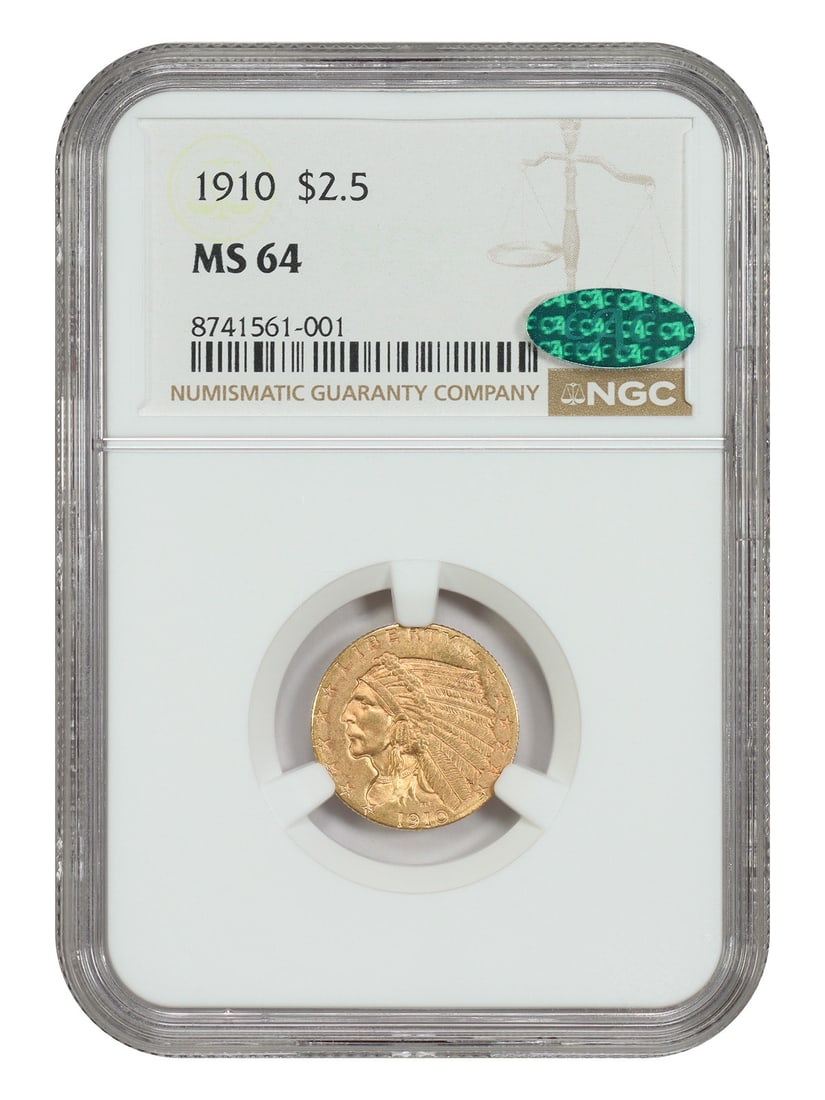 1910 Indian $2.5 Gold Coin NGC CAC MS64 Philadelphia: 1910 Indian $2.5 Gold Coin NGC CAC MS64 Philadelphia This 1910 Indian $2.5 gold coin is certified by NGC and features a grade of MS64, indicating a high-quality, uncirculated example. Struck in Philad
