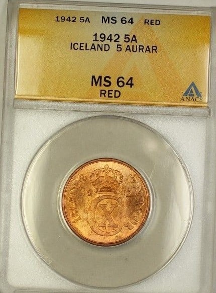 1942 Iceland 5 Aurar Copper Coin ANACS MS 64 Red Uncirculated: 1942 Iceland 5 Aurar Copper Coin ANACS MS 64 Red Uncirculated This is a 1942 Iceland 5A Five Aurar coin composed of copper. The coin is graded MS-64 Red by ANACS and is uncirculated. Specifications