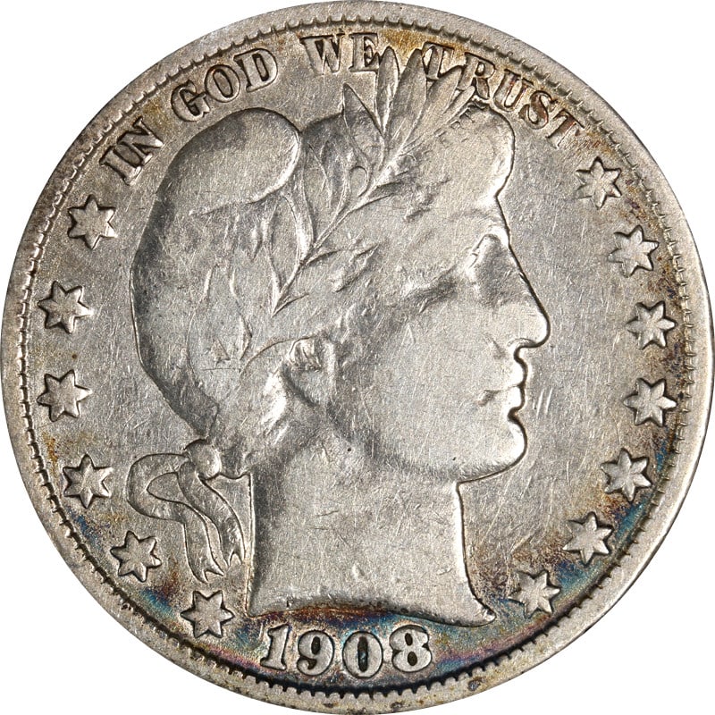 United States 1908 O Silver Barber Half Dollar Coin: United States 1908 O Silver Barber Half Dollar Coin This is a 1908-O Barber Half Dollar, minted in New Orleans. The coin is composed of silver with a fineness of 0.9 and has been circulated. It is unc
