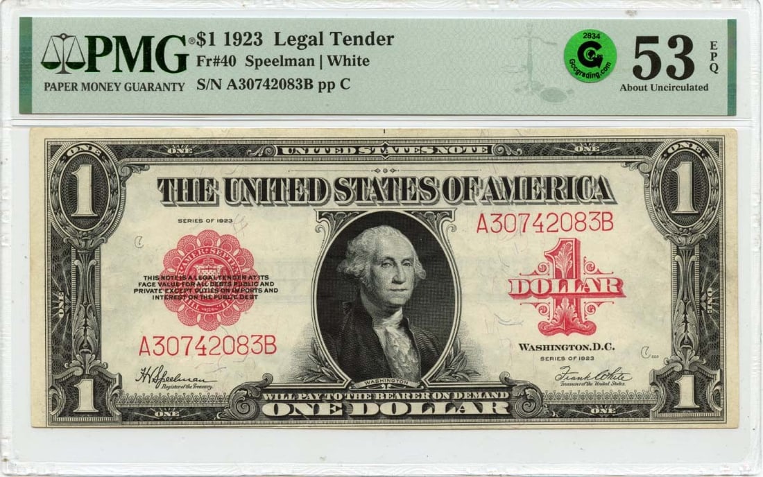 PMG AU53 EPQ 1923 $1 Legal Tender Note FR40 Red and Green Seals: PMG AU53 EPQ 1923 $1 Legal Tender Note FR40 Red and Green Seals This is a 1923 $1 Legal Tender Note, catalogued as FR#40. The note is circulated and has been certified by PMG with a grade of AU53 and 