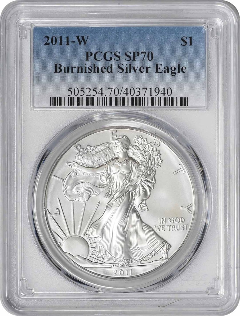 2011-W $1 American Silver Eagle Burnished SP70 PCGS 1 oz Silver: 2011-W $1 American Silver Eagle Burnished SP70 PCGS 1 oz Silver This 2011-W $1 American Silver Eagle features a stunning burnished finish and is graded SP70 by PCGS, making it a remarkable addition fo