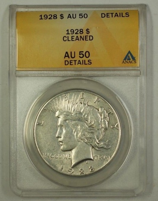 1928 Peace Silver Dollar ANACS AU 50 Details Cleaned Key Date Philadelphia Coin (1 of 2)