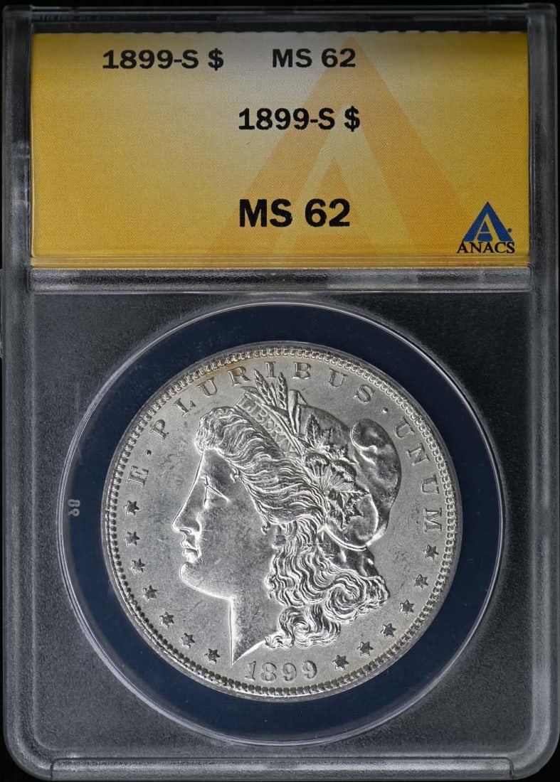 1899-S Morgan Dollar Silver ANACS MS62 San Francisco Mint: 1899-S Morgan Dollar Silver ANACS MS62 San Francisco Mint This 1899 Morgan Dollar was minted in San Francisco and is graded MS62 by ANACS. The coin is uncirculated and comes with ANACS certification n