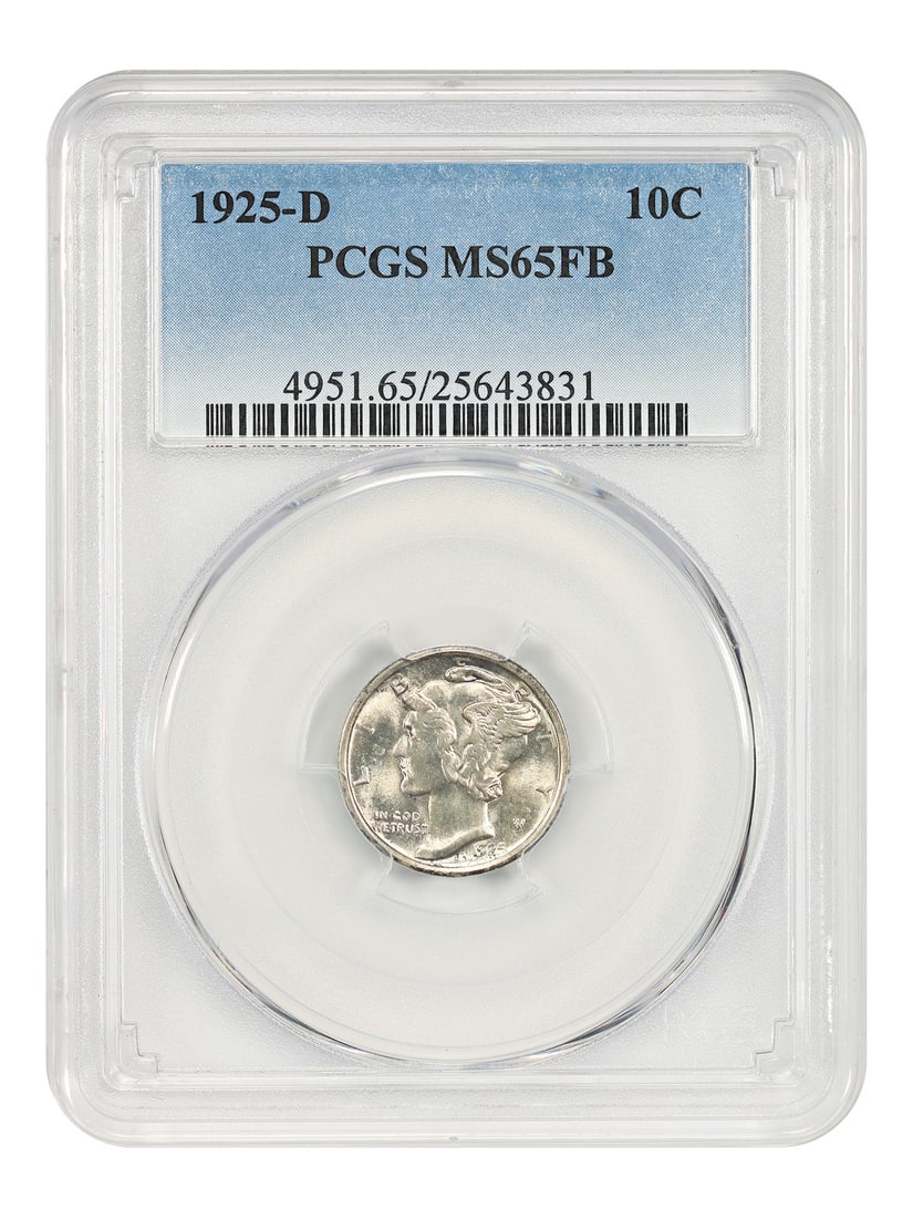 PCGS MS65FB 1925 Denver Mercury Dime with Full Bands: PCGS MS65FB 1925 Denver Mercury Dime with Full Bands This 1925-D Mercury Dime is graded MS65FB by PCGS and features full bands, making it a scarce find from the Denver Mint. The coin displays exceptio