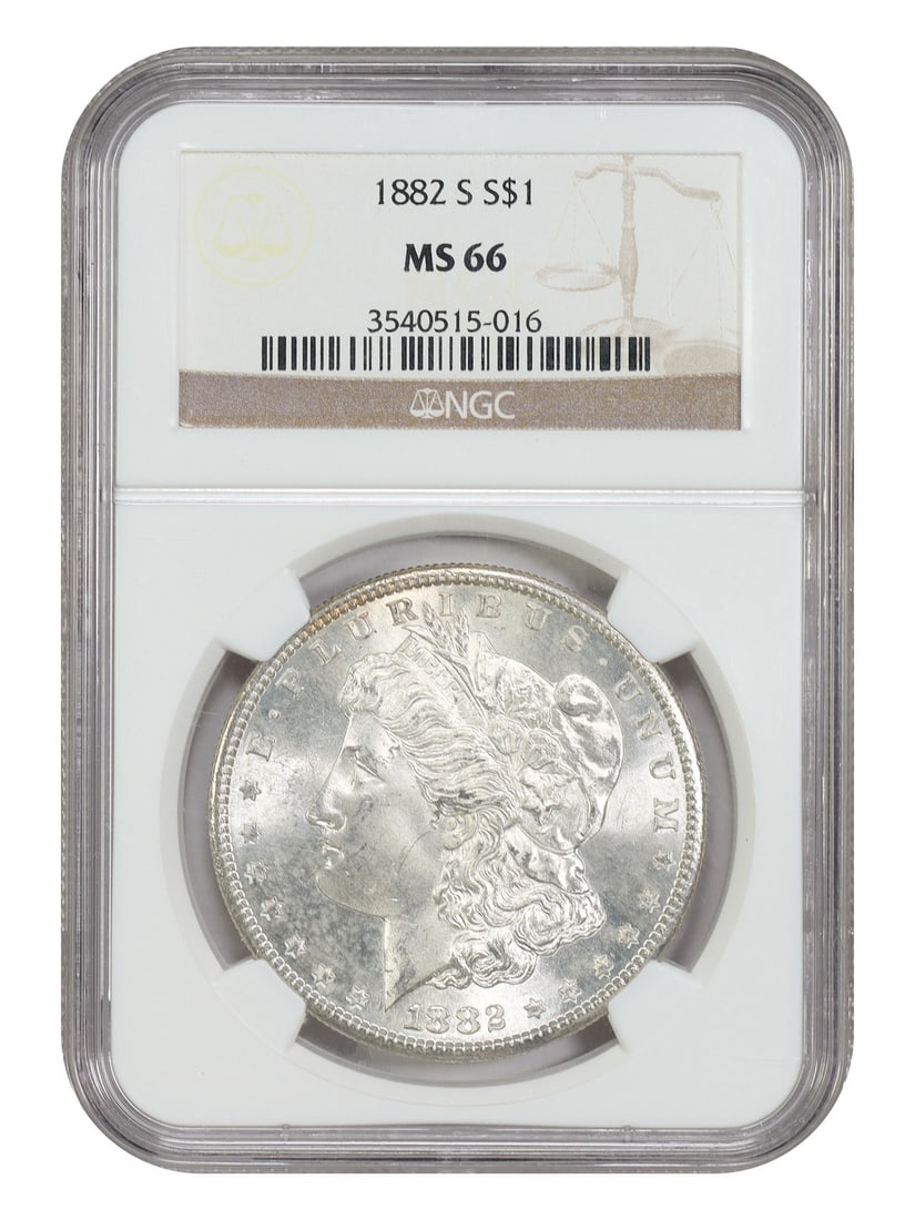 NGC MS66 1882-S Morgan Silver Dollar San Francisco Mint: NGC MS66 1882-S Morgan Silver Dollar San Francisco Mint This 1882-S Morgan Dollar is certified by NGC with a grade of MS66, indicating uncirculated condition. Minted in San Francisco, this coin is a p