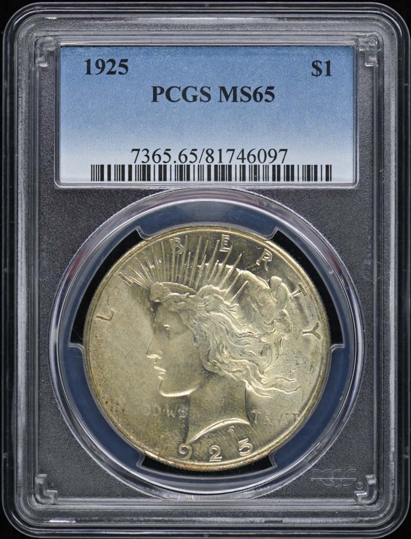 PCGS MS65 1925 Peace Dollar: PCGS MS65 1925 Peace Dollar This 1925 Peace Dollar is graded MS65 by PCGS, indicating a high level of preservation with strong eye appeal. Struck at the Philadelphia Mint, this uncirculated coin is a 