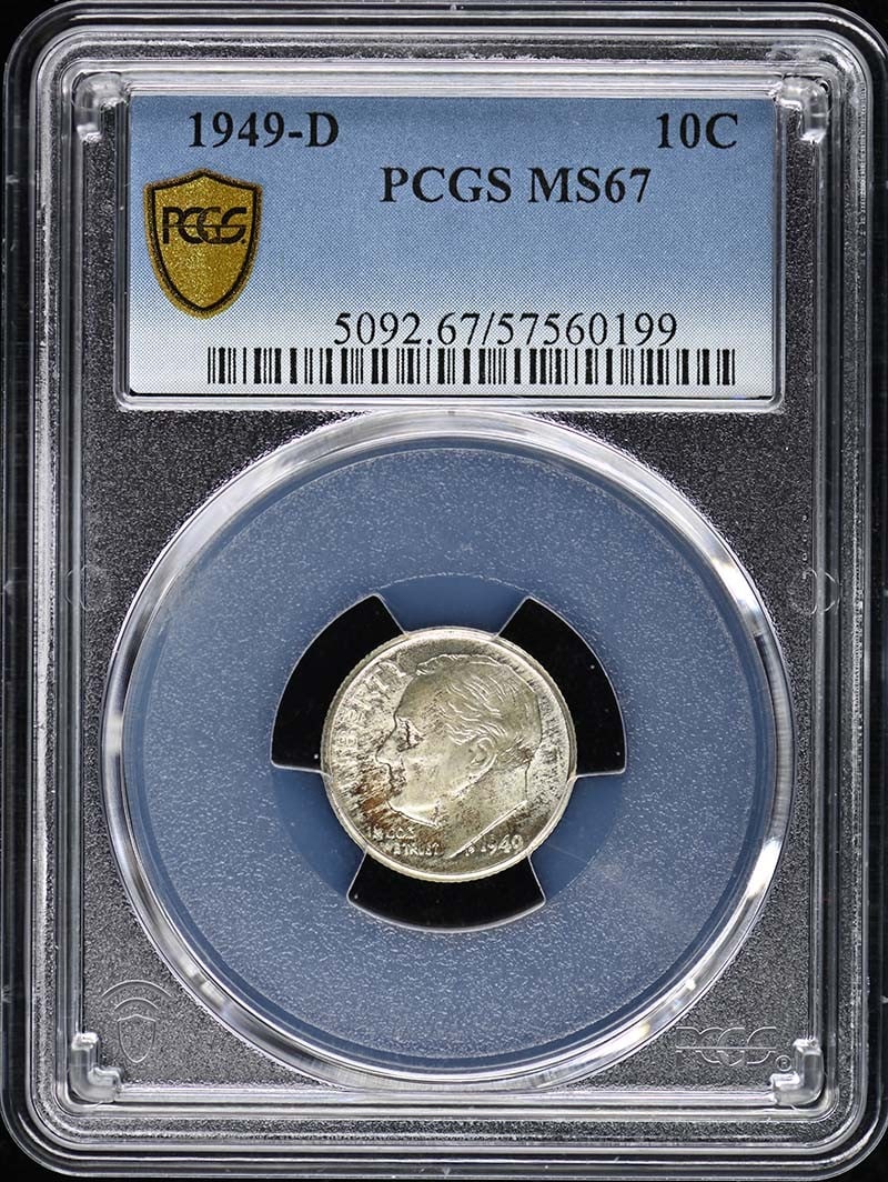 1949-D Roosevelt Dime PCGS MS67 Uncirculated Denver Mint: 1949-D Roosevelt Dime PCGS MS67 Uncirculated Denver Mint This 1949-D Roosevelt Dime, graded MS67 by PCGS, showcases exceptional quality and detail. As an uncirculated coin from the Denver Mint, it is 