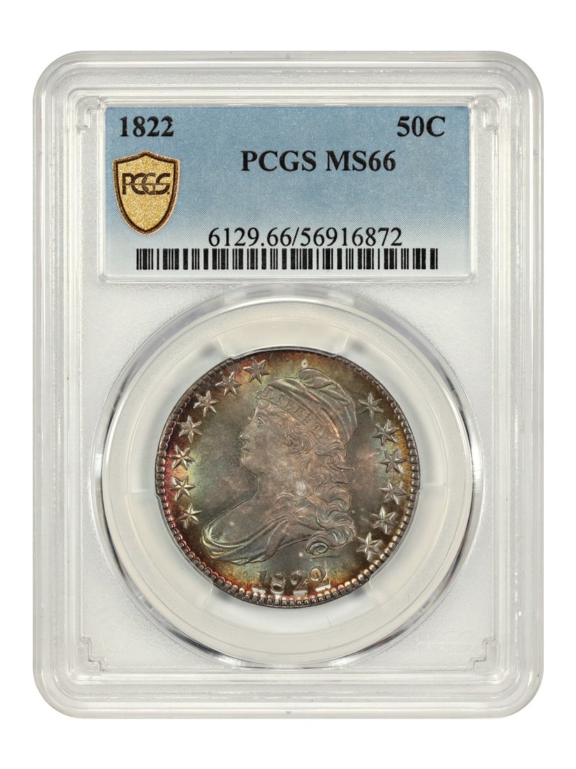 PCGS MS66 1822 Capped Bust Half Dollar 50C: PCGS MS66 1822 Capped Bust Half Dollar 50C This 1822 Capped Bust Half Dollar is graded MS66 by PCGS and features a sharply struck design with exceptional pearlescent mint luster on both sides. The obv