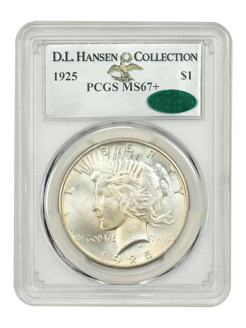 1925 Peace Dollar $1 PCGS MS67+ CAC D.L. Hansen Collection: 1925 Peace Dollar $1 PCGS MS67+ CAC D.L. Hansen Collection This 1925 Peace Dollar, graded MS67+ by PCGS and CAC, is an exceptional example of uncirculated coinage. Originating from the Philadelphia mi