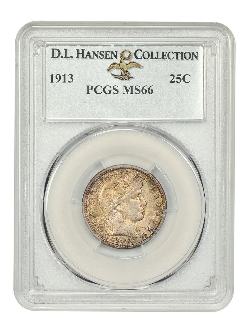 1913 Barber Quarter 25C PCGS MS66 D.L. Hansen Low Mintage: 1913 Barber Quarter 25C PCGS MS66 D.L. Hansen Low Mintage This 1913 25C Barber Quarter is graded MS66 by PCGS, featuring a remarkable uncirculated condition. Struck in Philadelphia, this coin is part 