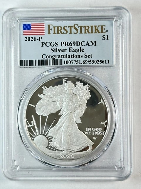 2026 Philadelphia Silver Eagle PCGS PR69 DCAM Congratulations Set First Strike: 2026 Philadelphia Silver Eagle PCGS PR69 DCAM Congratulations Set First Strike This 2026 Silver Eagle from the Congratulations Set is a proof coin graded PR-69 Deep Cameo (DCAM) by PCGS. It is a First