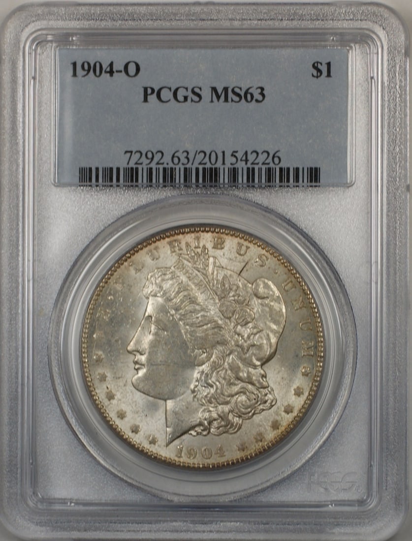PCGS MS-63 1904-O Silver Dollar Coin from New Orleans Mint: PCGS MS-63 1904-O Silver Dollar Coin from New Orleans Mint This 1904-O Morgan Silver Dollar is a $1 coin graded MS-63 by PCGS. It was minted in New Orleans and is composed of silver. The coin is uncir