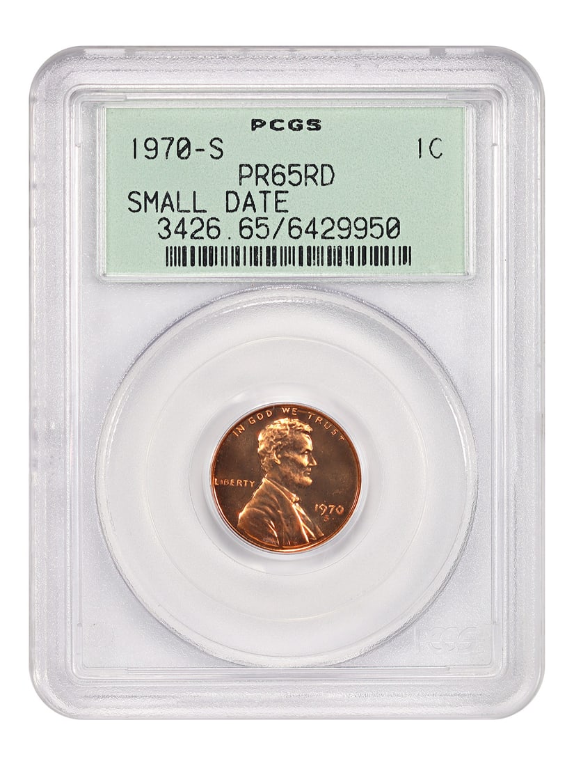 1970-S Lincoln Cent Small Date Proof PCGS PR65RD OGH: 1970-S Lincoln Cent Small Date Proof PCGS PR65RD OGH This is a 1970-S Lincoln Cent (Modern) featuring the Small Date variety. Graded PR65RD by PCGS, this proof coin is uncirculated and comes in an old