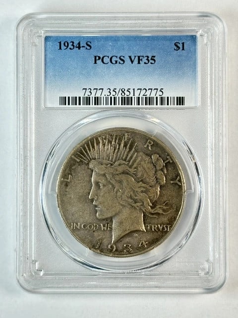 PCGS VF35 1934 S Silver Peace Dollar: PCGS VF35 1934 S Silver Peace Dollar This 1934 Peace Dollar is graded VF-35 by PCGS and was minted in San Francisco. Composed of silver, this circulated coin is a collectible piece from the United Sta