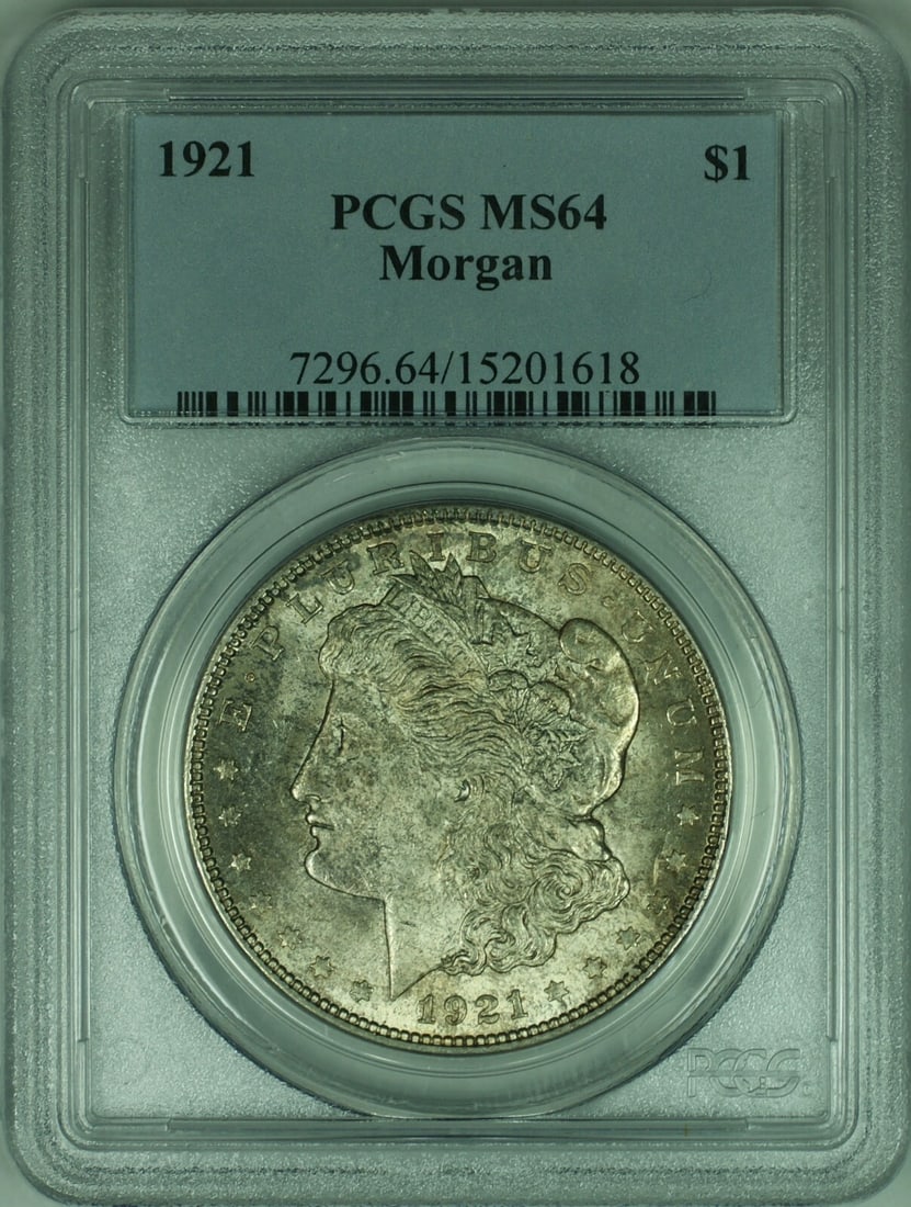 1921 PCGS MS-64 Morgan Dollar Silver Coin Philadelphia Toned Uncirculated: 1921 PCGS MS-64 Morgan Dollar Silver Coin Philadelphia Toned Uncirculated This 1921 Morgan Silver Dollar is a $1 coin from the United States, certified by PCGS with a grade of MS-64. It was minted in 