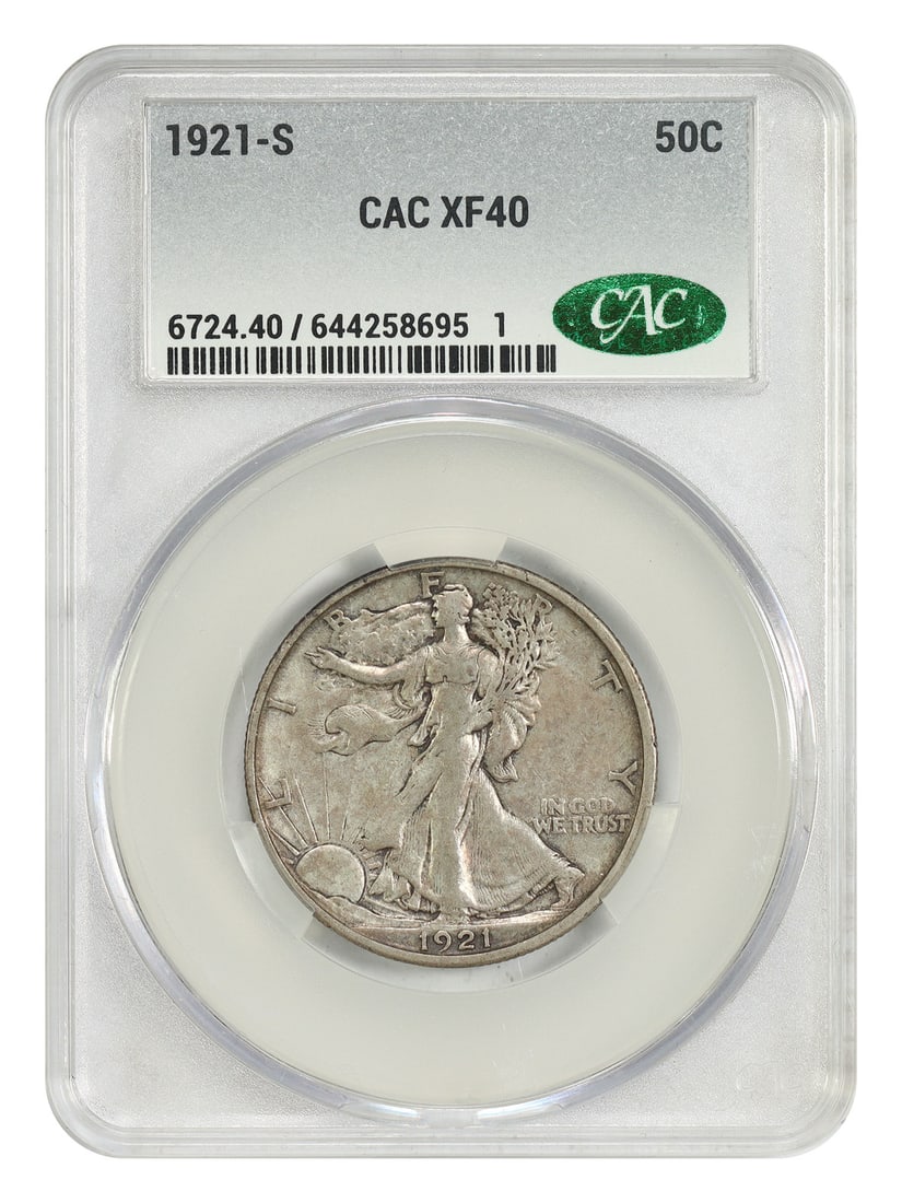 CACG XF40 1921 San Francisco Walking Liberty Half Dollar Key Date: CACG XF40 1921 San Francisco Walking Liberty Half Dollar Key Date This 1921-S Walking Liberty Half Dollar is a key date coin, certified by CACG with a grade of XF40 (Extra Fine). Minted in San