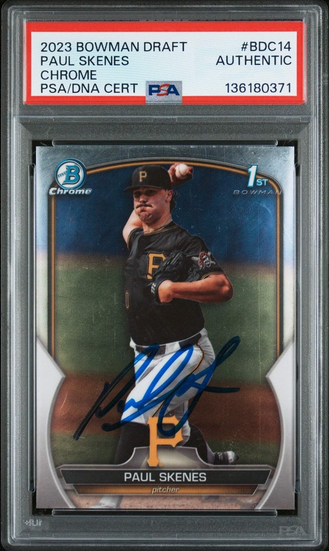 2023 Bowman Draft Paul Skenes BDC14 Chrome Rookie Card PSA Authenticated Auto: 2023 Bowman Draft Paul Skenes BDC14 Chrome Rookie Card PSA Authenticated Auto This is a graded 2023 Bowman Draft Paul Skenes BDC14 Chrome Rookie Card, featuring the autograph of the Pittsburgh Pirates