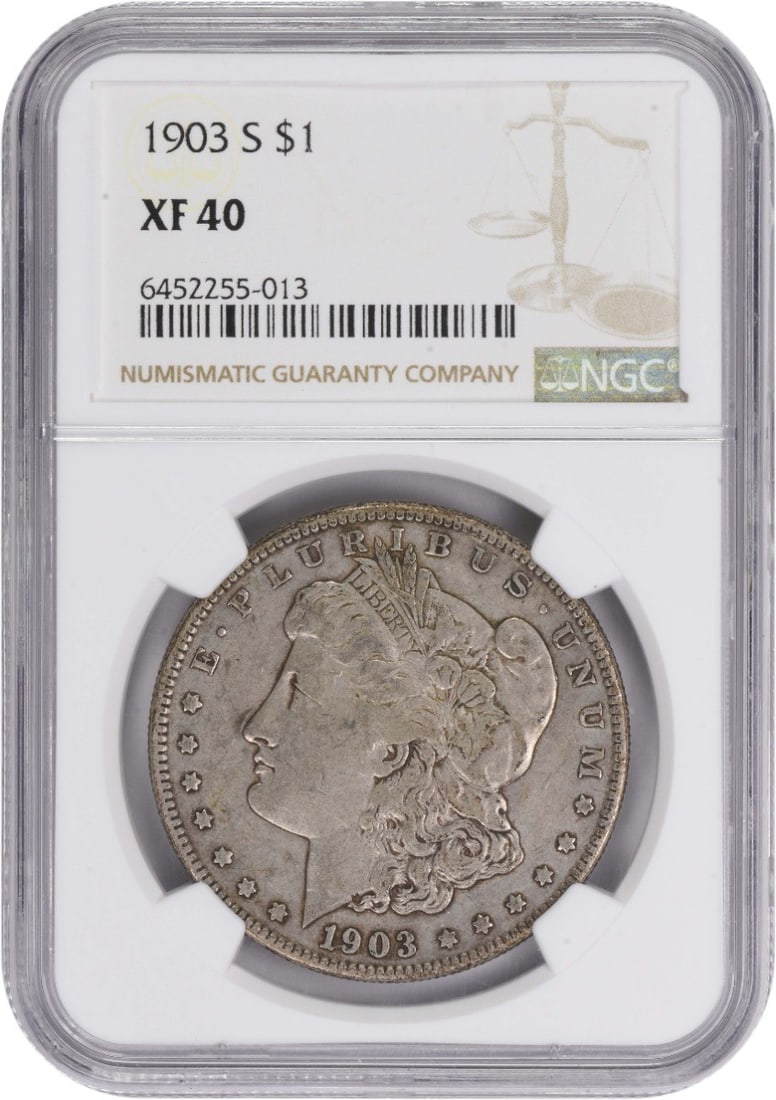 1903-S Morgan Silver Dollar EF40 NGC Certified Coin: 1903-S Morgan Silver Dollar EF40 NGC Certified Coin This 1903-S Morgan Silver Dollar is a prized piece for any numismatic collection. It features a beautiful design by George T. Morgan and is composed