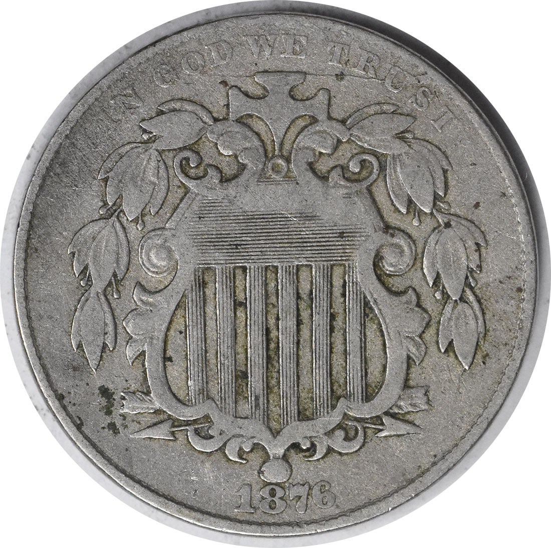 1876 Shield Nickel VF Uncertified 5C Philadelphia Coin: 1876 Shield Nickel VF Uncertified 5C Philadelphia Coin This 1876 Shield Nickel is a remarkable piece for any coin collector. It features a striking design by James Barton Longacre and is a product of 