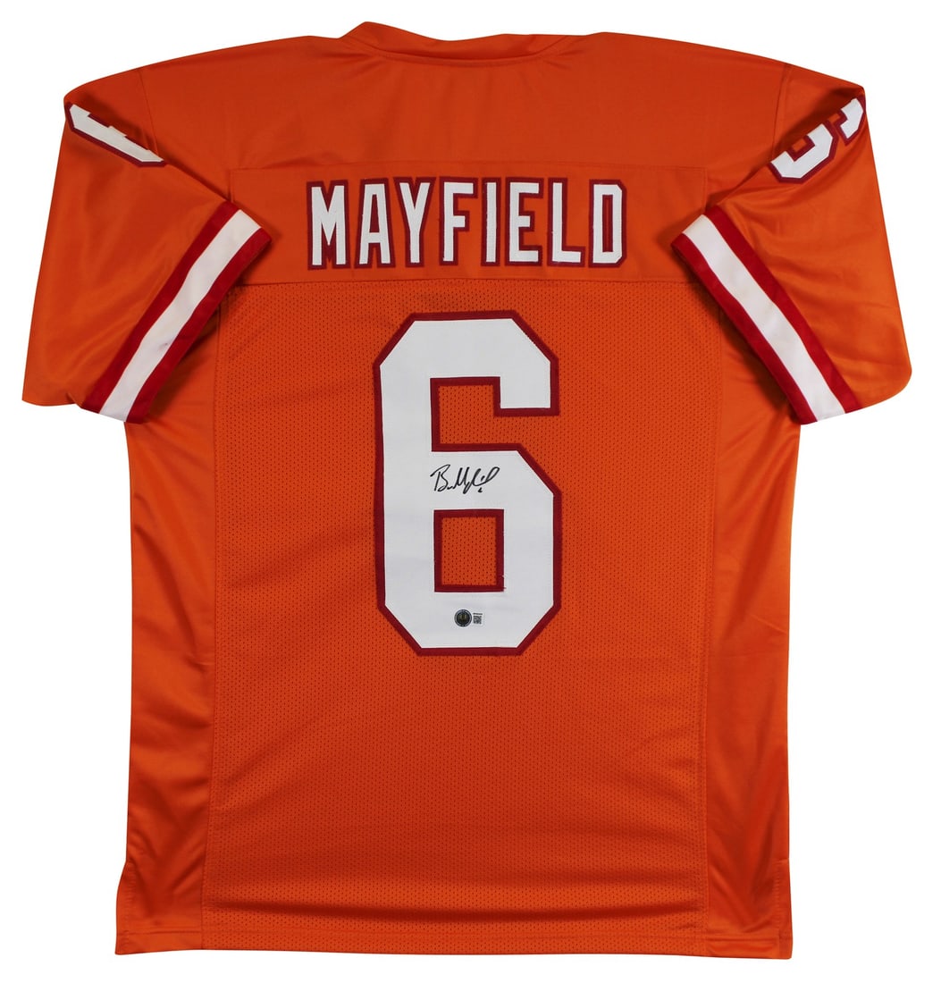 Baker Mayfield Signed Orange Throwback Jersey Beckett Witness Tampa Bay Buccaneers: Baker Mayfield Signed Orange Throwback Jersey Beckett Witness Tampa Bay Buccaneers This orange throwback pro style jersey has been personally signed by Baker Mayfield of the Tampa Bay Buccaneers. The 