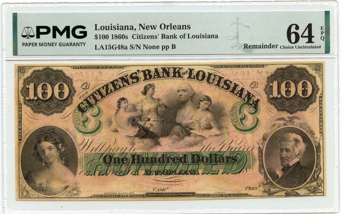 Citizens Bank $100 New Orleans 1860s Obsolete Currency PMG Certified CU64 (1 of 2)