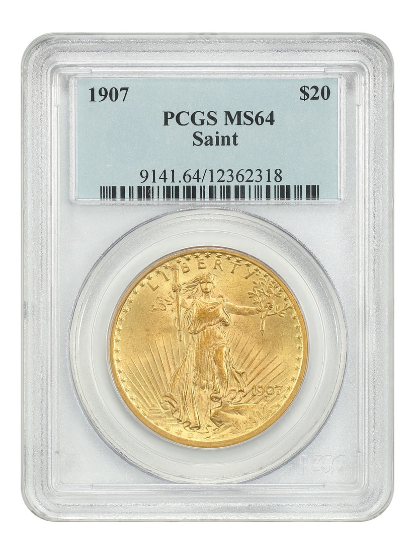 1907 PCGS MS64 Saint Gaudens $20 Gold Coin: 1907 PCGS MS64 Saint Gaudens $20 Gold Coin This 1907 $20 Saint-Gaudens gold coin represents the first year of the iconic Saint-Gaudens design. Graded MS64 by PCGS, it is an uncirculated example