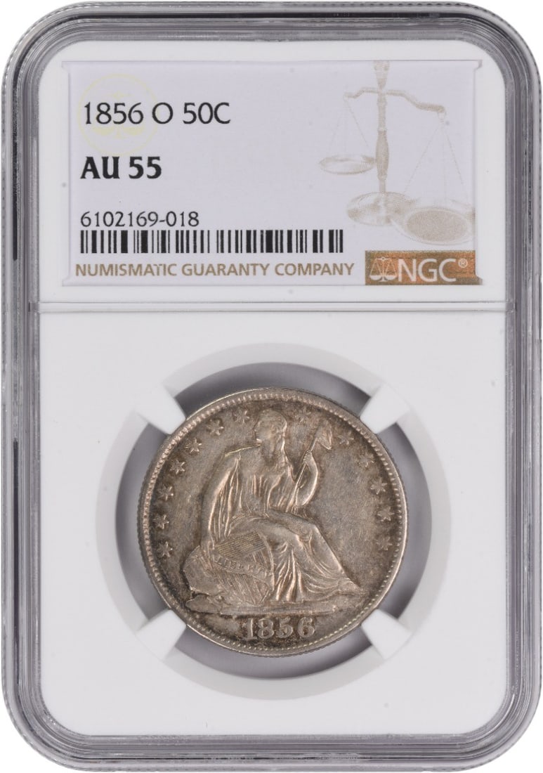 NGC AU55 Graded 1856-O Seated Liberty Half Dollar Silver Coin: NGC AU55 Graded 1856-O Seated Liberty Half Dollar Silver Coin This 1856-O Liberty Seated Half Dollar is a circulated coin graded AU55 by NGC. Struck at the New Orleans Mint, it features the Seated Lib