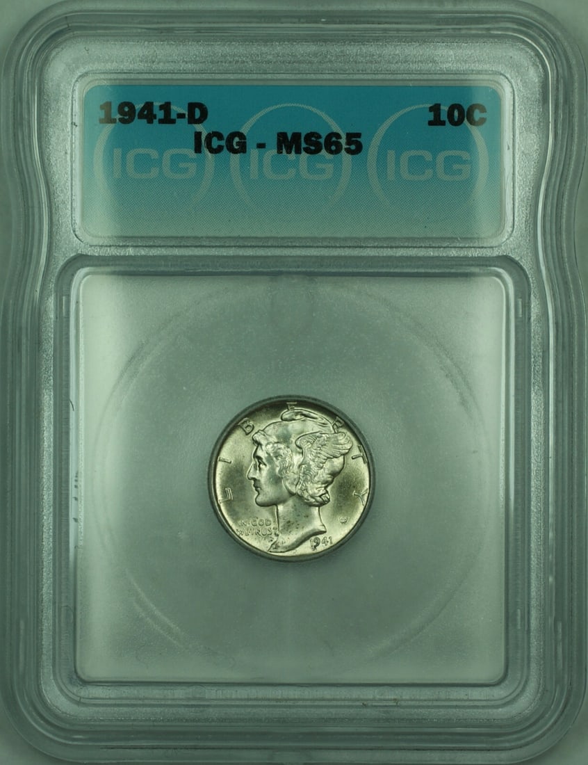ICG Graded 1941-D Silver Mercury Dime MS-65 Uncirculated Denver Mint: ICG Graded 1941-D Silver Mercury Dime MS-65 Uncirculated Denver Mint This 1941-D Mercury silver dime is certified by ICG with a grade of MS-65. The coin is uncirculated and composed of 90% silver. Min